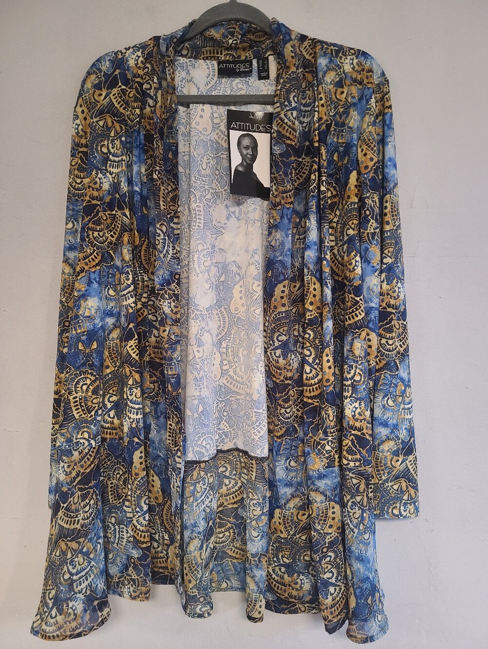 New women's large Attitudes open front lightweight cardigan blue &brown mandalas